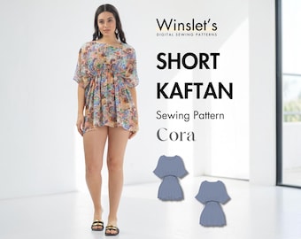 Short Kaftan Dress Pattern| Adjustable Waist & Draping Sleeves| Beginner Friendly Tunic Top Pattern| Wide Boat Neck Design| Beach Cover Up