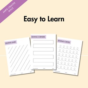 Easy-to-learn sewing practice sheets showing exercises for sewing straight lines, corners, and curves, designed to give beginners ample space to practice stitching skills with printable pages.