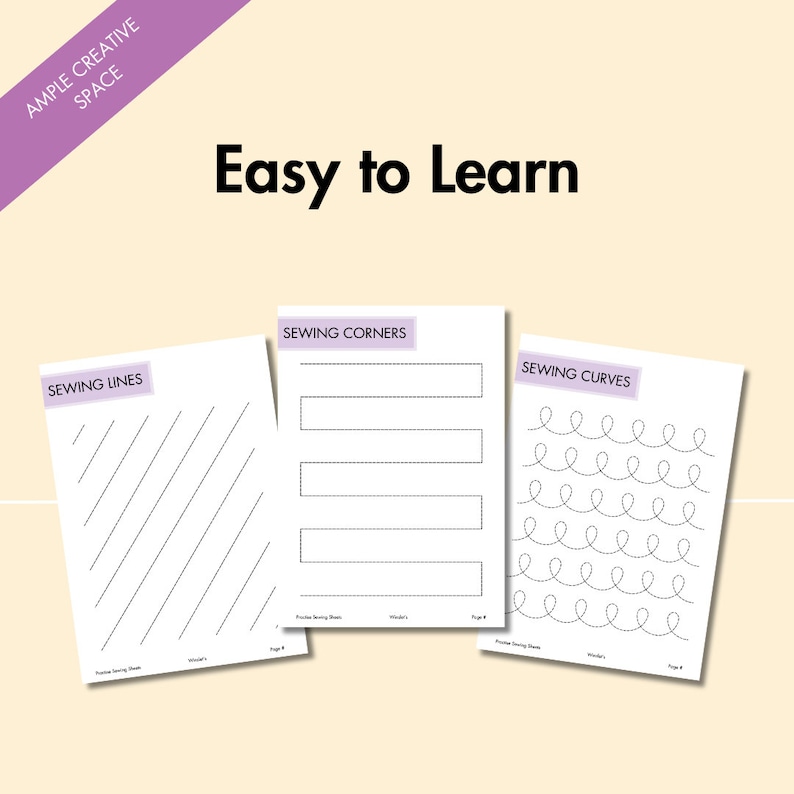 Easy-to-learn sewing practice sheets showing exercises for sewing straight lines, corners, and curves, designed to give beginners ample space to practice stitching skills with printable pages.