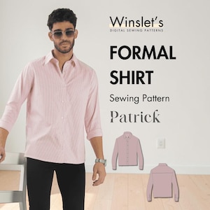 May include: A pink striped formal shirt sewing pattern called "Patrick" is displayed. The image shows a man wearing the shirt, along with illustrations of the shirt. The text "Winslet's Digital Sewing Patterns" is at the top.