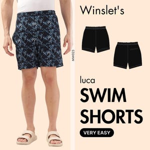 May include: Black swim shorts with a blue and white leaf pattern. The shorts are part of the "luca SWIM SHORTS" collection by Winslet's. The words "VERY EASY" are also displayed.