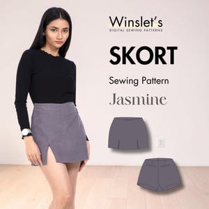 Puede incluir: Una mujer con una blusa negra de manga larga y una falda pantalón gris con abertura frontal. La imagen incluye el texto "SKORT Sewing Pattern Jasmine" y dos ilustraciones del diseño de la falda pantalón. También se ve la marca "Winslet's DIGITAL SEWING PATTERNS".