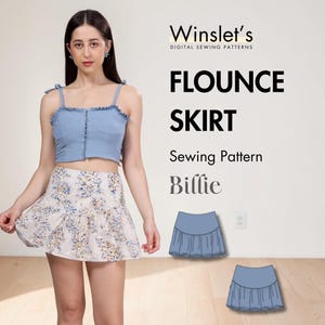 Op de afbeelding: Een vrouw draagt een lichtblauwe crop top en een rok met bloemenprint. De afbeelding bevat de tekst "Winslet's DIGITAL SEWING PATTERNS FLOUNCE SKIRT Sewing Pattern Billie". Twee illustraties van de rok zijn ook zichtbaar.