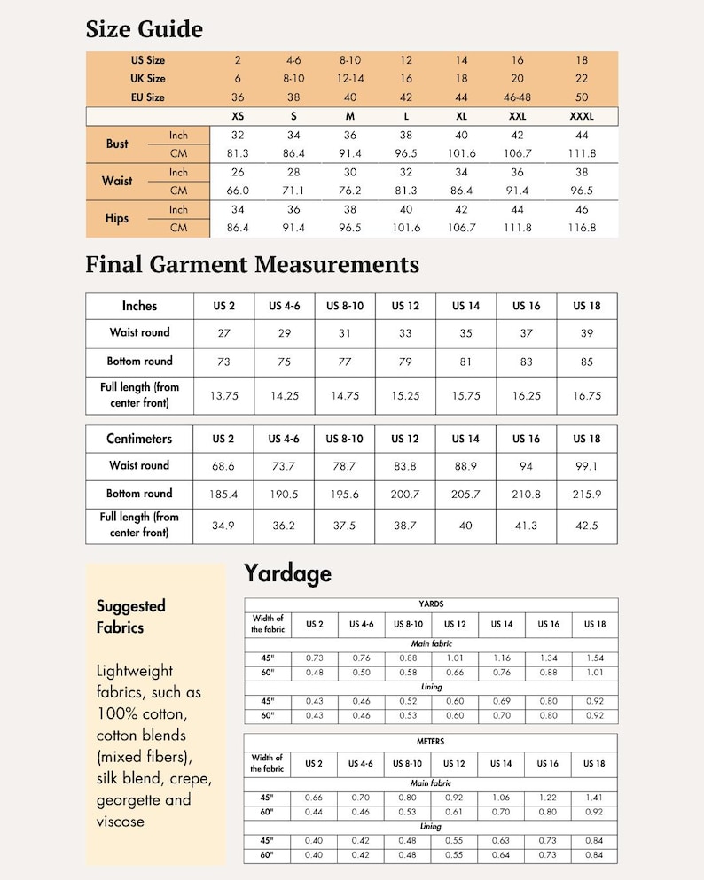 May include: A detailed size guide and yardage chart for garment making. Includes measurements in inches and centimeters for bust, waist, and hips, along with fabric suggestions like cotton blends and viscose.