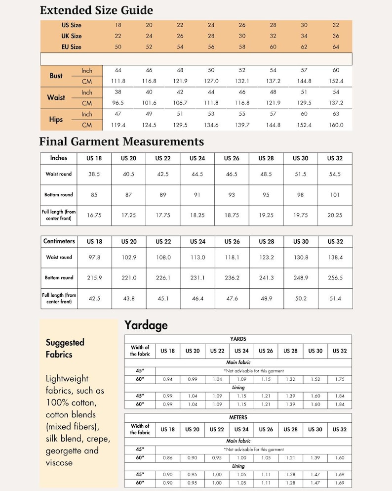 May include: A detailed size chart with measurements in inches and centimeters for bust, waist, and hips. Includes yardage information for various fabric widths, with suggested fabrics like cotton and silk blends.