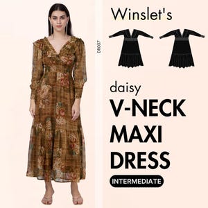 V neck Dress Pattern| Maxi Dress Pattern| Women&#39;s Pattern with Sewing Guide, Easy to Follow Printable Pattern