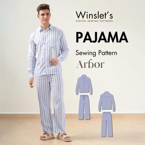 Może przedstawiać: Osoba w niebiesko-białym pasiastym zestawie piżamy. Obraz zawiera wzór szycia piżamy z tekstem "PAJAMA Sewing Pattern Arbor" i marką "Winslet's DIGITAL SEWING PATTERNS".