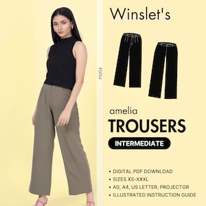Trousers Pattern, Easy Sewing Pattern, Digital Pattern, High waisted wide leg trouser pants sewing pattern for women