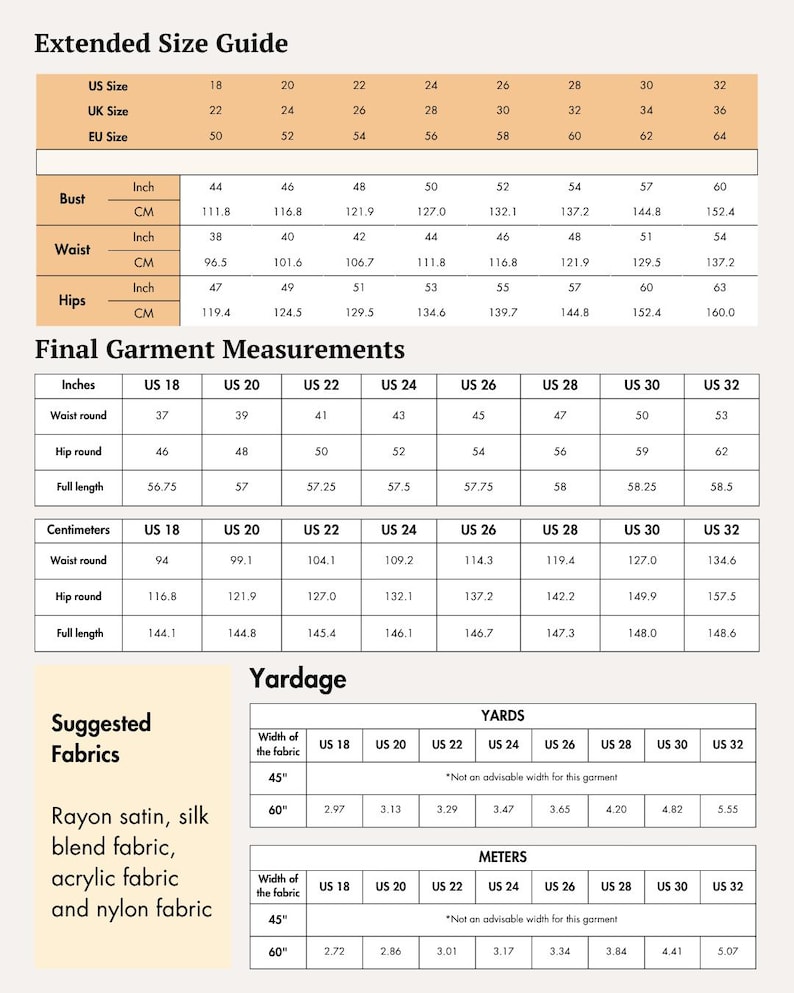 May include: A detailed size guide for clothing, including bust, waist, and hip measurements in inches and centimeters. Yardage suggestions for various fabrics are also provided, with measurements in yards and meters.