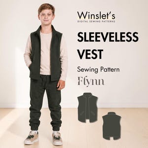 May include: A dark green sleeveless vest and matching joggers worn over a light beige long-sleeve shirt. Text reads Winslet's Digital Sewing Patterns, SLEEVELESS VEST, Sewing Pattern, Flynn. Includes two flat illustrations of the vest front and back.