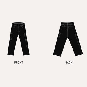 May include: A pair of black cargo pants shown from the front and back views. The front view displays a waistband with a button, side pockets, and leg pockets. The back view shows two rear pockets and side leg pockets with white outline details.