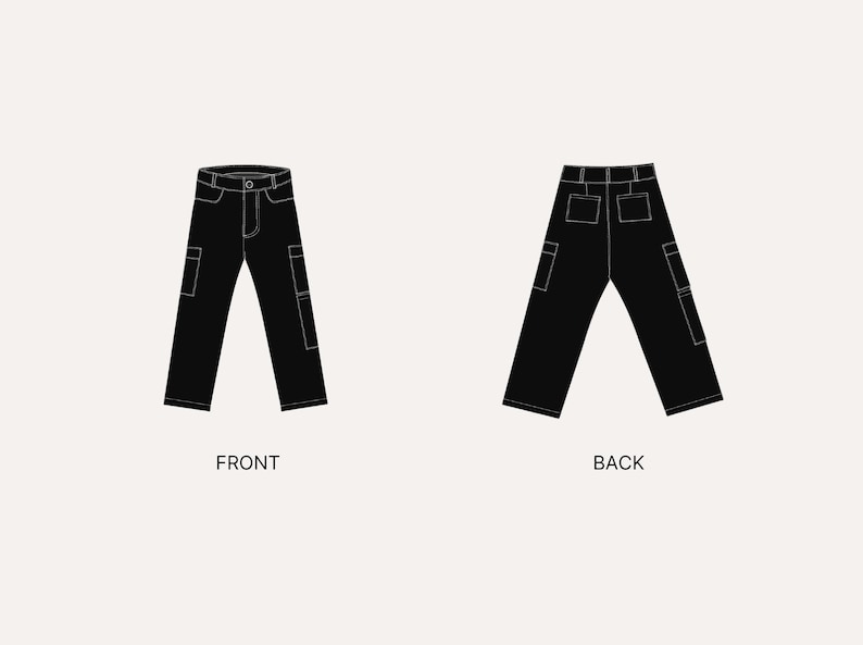 May include: A pair of black cargo pants shown from the front and back views. The front view displays a waistband with a button, side pockets, and leg pockets. The back view shows two rear pockets and side leg pockets with white outline details.