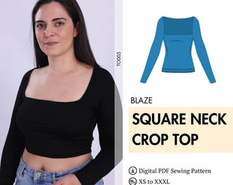 Square Neck Pattern w/ Long Sleeves by Winslet's, Instant PDF Download, Square Neck Crop Top Sewing Pattern for Women