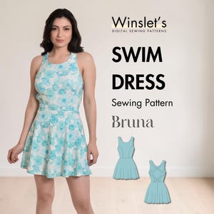 May include: A woman wearing a light blue floral print swim dress. The dress has a halter neckline and a flared skirt. The image also includes the text "SWIM DRESS Sewing Pattern Bruna" and two line drawings of the dress.