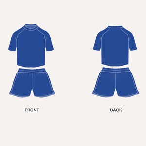 Puede incluir: Un conjunto deportivo azul, que consta de una camiseta de manga corta y pantalones cortos a juego. Se muestran las vistas delantera y trasera, con ribetes blancos que delinean los bordes. Las palabras "FRONT" y "BACK" est&aacute;n escritas debajo.