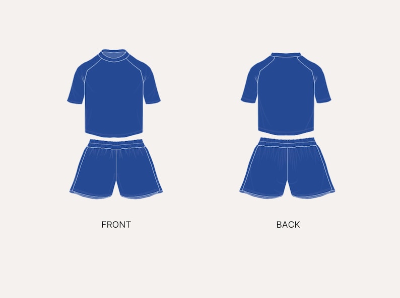 Puede incluir: Un conjunto deportivo azul, que consta de una camiseta de manga corta y pantalones cortos a juego. Se muestran las vistas delantera y trasera, con ribetes blancos que delinean los bordes. Las palabras "FRONT" y "BACK" est&aacute;n escritas debajo.