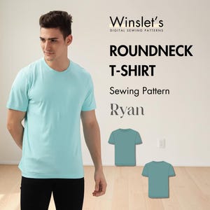 Könnte beinhalten: Ein hellblaues Rundhals-T-Shirt-Schnittmuster namens "Ryan" wird gezeigt. Das Bild zeigt eine Person, die das T-Shirt trägt. Der Text "Winslet's Digital Sewing Patterns" steht oben.