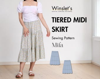Midi Skirt Pattern| Tiered Midi Skirt Sewing Pattern for Women| Easy Tiered Skirt Pattern| Instant PDF Download| Projector File