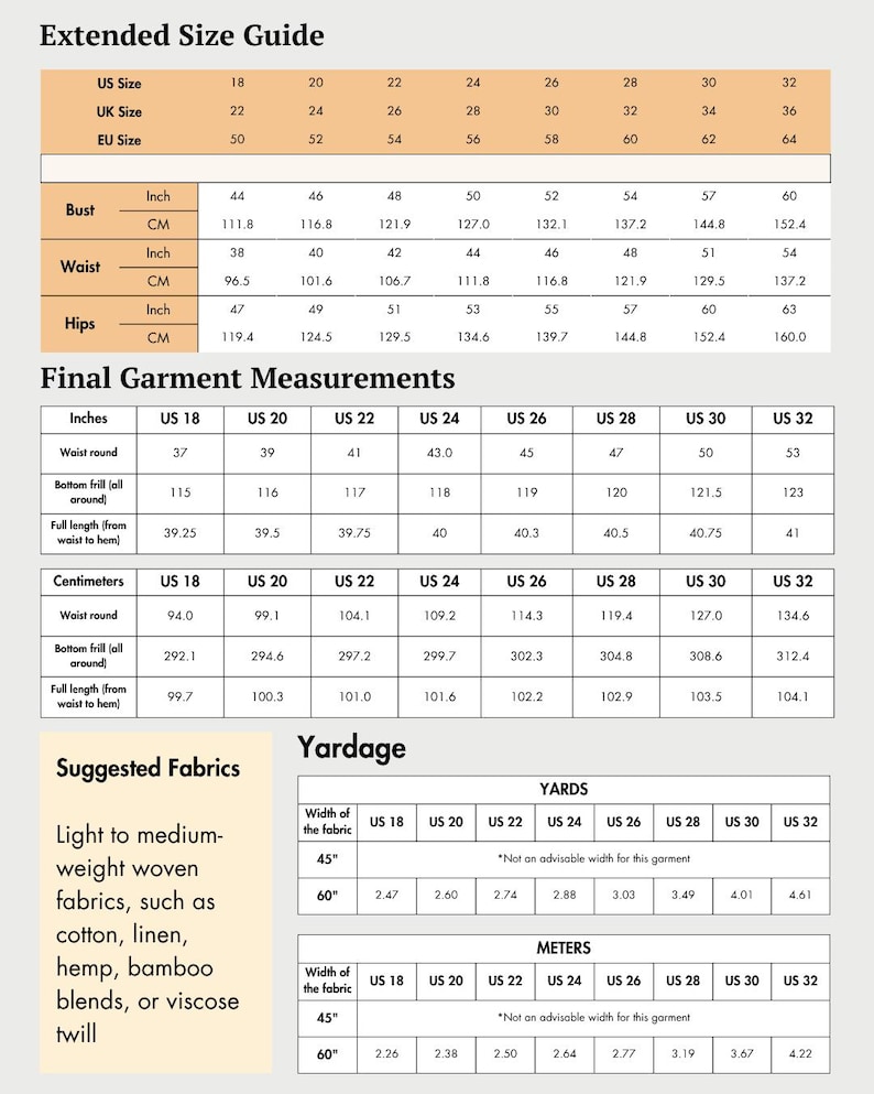 Op de afbeelding: Een gedetailleerde maattabel voor kleding, met borst-, taille- en heupmaten in inches en centimeters. Bevat ook informatie over de hoeveelheid stof voor verschillende stofbreedtes, met suggesties voor stoffen zoals katoen en linnen.