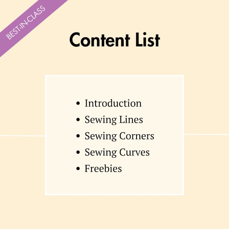 Content list graphic for digital sewing practice sheets, outlining sections including introduction, sewing lines, sewing corners, sewing curves, and bonus freebies for beginner sewing practice.