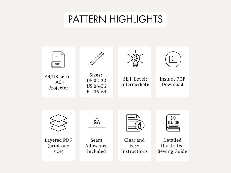 May include: An infographic titled PATTERN HIGHLIGHTS featuring eight icons with text: A4/US Letter + A0 + Projector, Sizes US 02-32, US 06-36, EU 36-64, Skill Level: Intermediate, Instant PDF Download, Layered PDF, Seam Allowance Included, Clear and Easy Instructions, and Detailed Illustrated Sewing Guide.