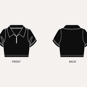 May include: A black short-sleeved crop top with a collared neckline and a front zipper closure. The illustration displays both the front view, featuring the collar and zipper, and the back view, showing the plain design with visible hem stitching.