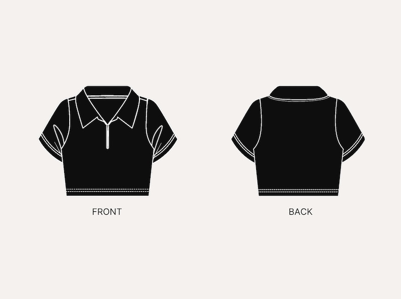 May include: A black short-sleeved crop top with a collared neckline and a front zipper closure. The illustration displays both the front view, featuring the collar and zipper, and the back view, showing the plain design with visible hem stitching.