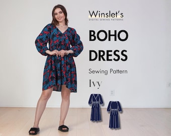 May include: A woman wearing a long-sleeved, V-neck boho dress with a floral pattern in red, blue, and black. The dress is part of the "Ivy" sewing pattern by Winslet's. Two dress illustrations are shown below the text.
