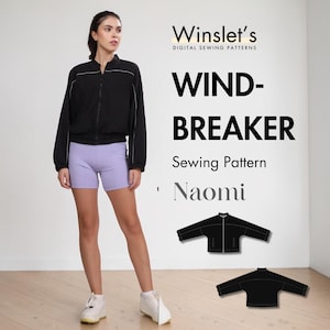 Könnte beinhalten: Schwarze Windjacke mit weißem Besatz und Reißverschluss, kombiniert mit lavendelfarbenen Shorts. Das Bild zeigt auch den Text "Windbreaker Sewing Pattern Naomi".