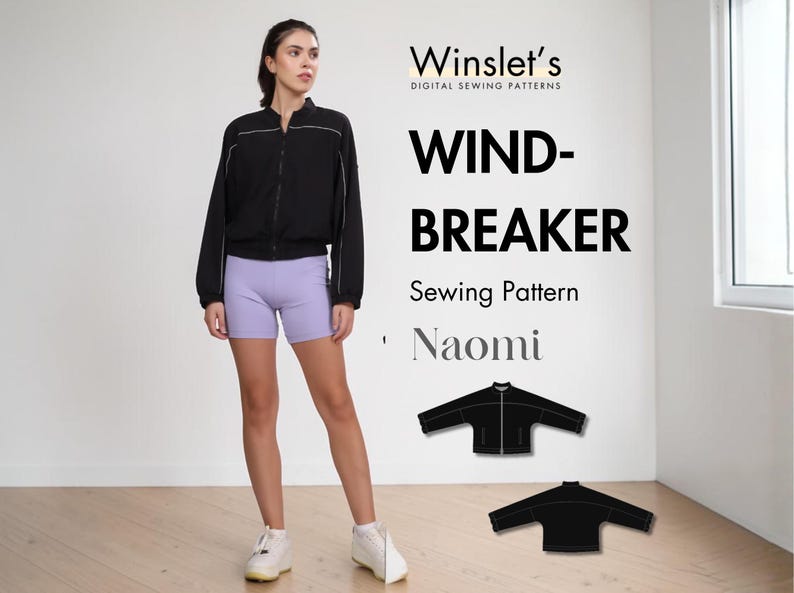 Pode incluir: Casaco corta-vento preto com acabamento branco e z&iacute;per, combinado com cal&ccedil;&otilde;es lavanda. A imagem tamb&eacute;m apresenta o texto "Windbreaker Sewing Pattern Naomi".