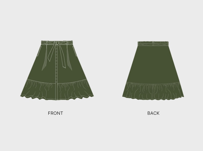 Op de afbeelding: Olijfgroene midi-rok met een knoopsluiting aan de voorkant, een strikceintuur en een gefranjerde zoom. De afbeelding toont zowel de voor- als achterkant van de rok, waarbij de ontwerpdetails en het silhouet worden benadrukt.