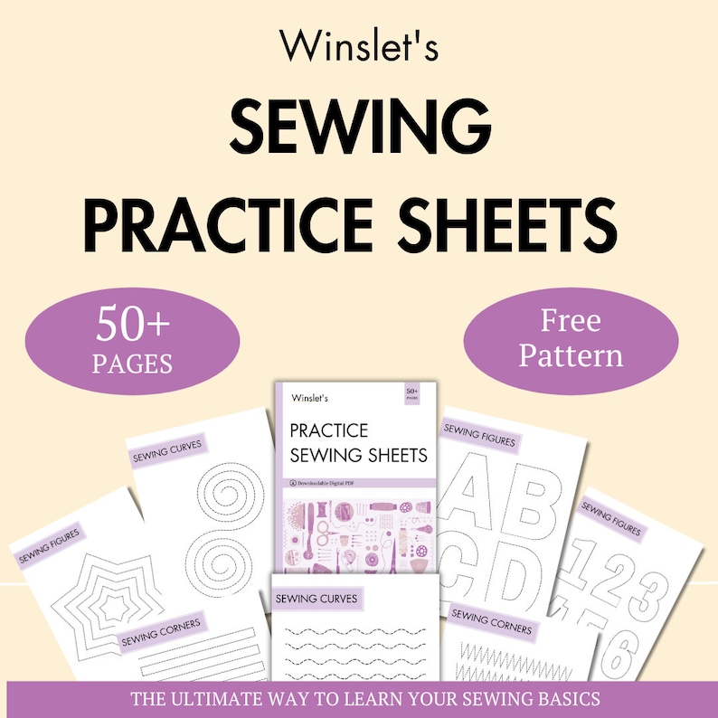 Winslet’s sewing practice sheets cover image showing 50+ printable sewing practice pages, including sewing curves, corners, figures, and numbers, designed to help beginners learn basic sewing skills with a free pattern included