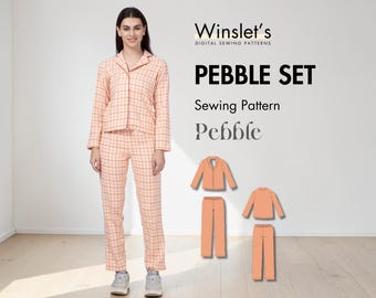 Pajama Set Sewing Pattern| Pj Pattern for Women| Pajama Pattern PDF Download| Elegant Sleepwear with Button Down Shirt & Pants with Elastic