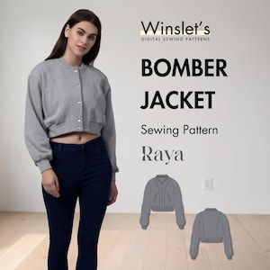 May include: A woman wearing a gray bomber jacket and dark blue jeans. The jacket has a button-up front and a cropped design. The image also includes the text "Bomber Jacket Sewing Pattern Raya" and two illustrations of the jacket.