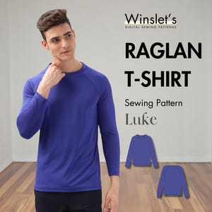 Puede incluir: Una persona lleva una camiseta raglán azul real de manga larga. La imagen incluye el texto "Winslet's DIGITAL SEWING PATTERNS" y "RAGLAN T-SHIRT Sewing Pattern Luke". También se muestran dos imágenes adicionales de la camiseta.