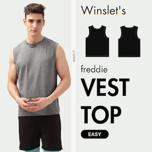 May include: A gray sleeveless vest top, part of the "freddie" collection, is displayed. The image includes the text "Winslet's" and "EASY". The model is wearing black shorts with blue trim.