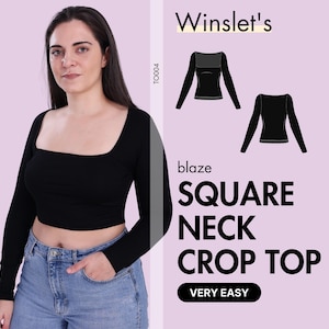 Crop Top Pattern| Square Neck Pattern| Long Sleeves Top Pattern| Instant PDF Download, Square Neck Crop Top Sewing Pattern for Women