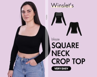 Crop Top Pattern| Square Neck Pattern| Long Sleeves Top Pattern| Instant PDF Download, Square Neck Crop Top Sewing Pattern for Women