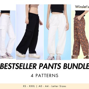 May include: A set of four different styles of pants in a variety of colors. The pants are all casual and comfortable, and they would be perfect for everyday wear. The text on the image reads "Bestseller Pants Bundle 4 Patterns XS - XXXL | A0 - A4 - Letter Sizes".