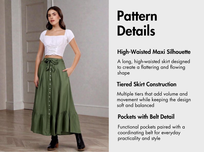 Op de afbeelding: Een vrouw draagt een witte crop top en een lange olijfgroene rok met een knoopsluiting aan de voorkant en zakken. De rok heeft een maxi-silhouet met hoge taille en een gelaagde constructie. De tekst rechts luidt "Pattern Details".