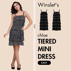 May include: A black and white tiered mini dress with spaghetti straps. The dress is worn by a person. The image also includes a design sketch of the dress and the text "Winslet's chloe TIERED MINI DRESS EASY".