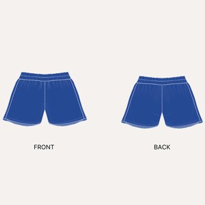 May include: Blue athletic shorts with white trim, front and back views. The shorts have an elastic waistband. The word "FRONT" is below the front view, and the word "BACK" is below the back view.