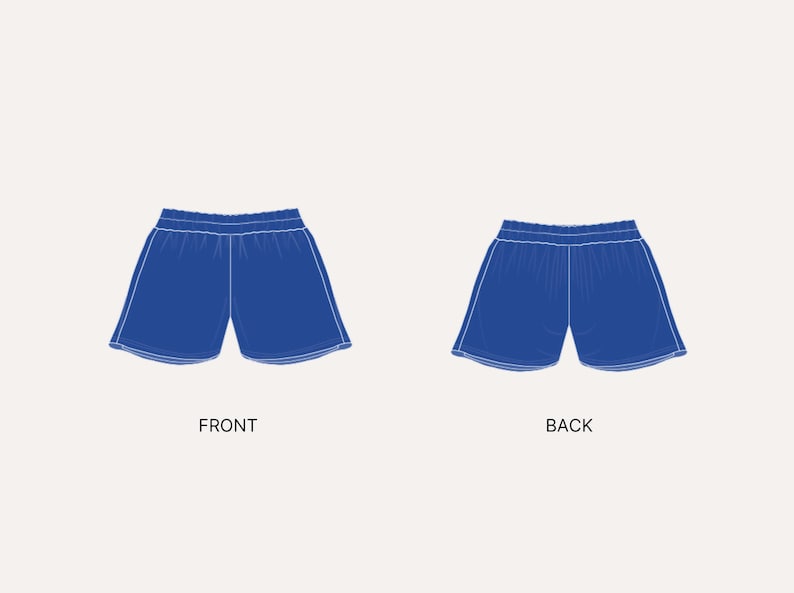 May include: Blue athletic shorts with white trim, front and back views. The shorts have an elastic waistband. The word "FRONT" is below the front view, and the word "BACK" is below the back view.