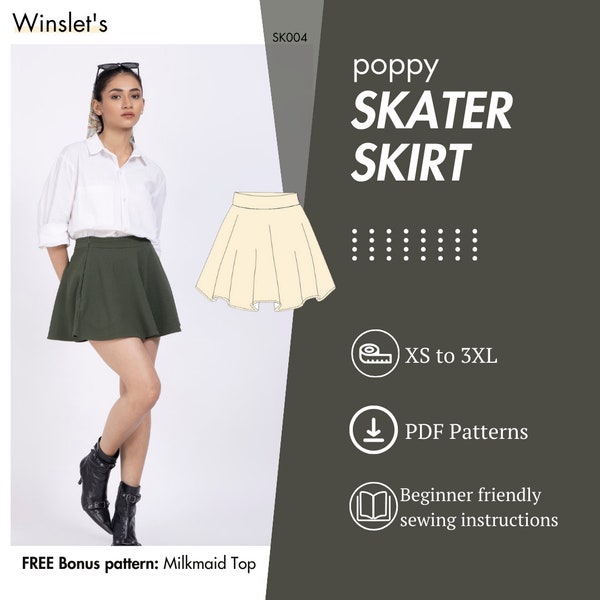 Skater Skirt Pattern, Mini Circular Skirt with Pockets, Easy Skirt Pattern, Digital Pattern, Skater Skirt Sewing Pattern for Women