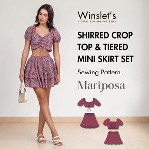 Peut inclure: Un patron de couture pour un ensemble composé d'un haut court froncé et d'une mini-jupe à étages, intitulé Mariposa par Winslet's Digital Sewing Patterns. Le haut à manches courtes présente un cordon de serrage et la jupe a deux volants.