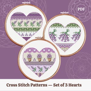 Motif coeurs lavande au point de croix - Ensemble de motifs - Schéma numérique - Téléchargement imprimable instantané au format PDF - Compatible avec Pattern Keeper