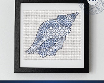 Blackwork PDF pattern - Sea shell - Marine life - Embroidery digital pattern - Instant Download PDF for printing and for viewing on gadgets