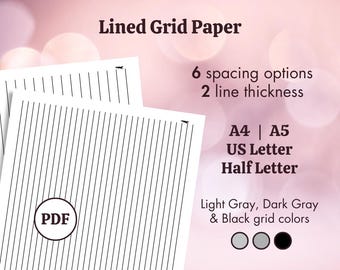 Pode incluir: Duas folhas de papel quadriculado com linhas verticais, um logotipo PDF e o texto "Lined Grid Paper". Texto adicional indica 6 opções de espaçamento, 2 espessuras de linha e tamanhos disponíveis: A4, A5, US Letter e Half Letter. As cores da grade incluem cinza claro, cinza escuro e preto.