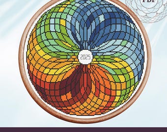 Ronde temperatuurgrafiek - pdf-patroon met kruissteek - cirkelvormig glas-in-loodstijl digitaal schema - normaal, schrikkeljaren - digitaal, afdrukbaar
