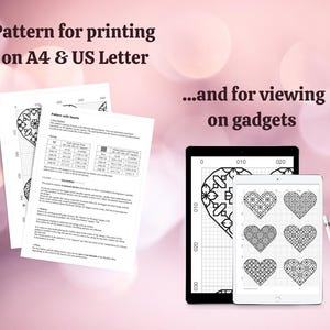 May include: Image of a cross-stitch pattern with hearts, displayed on printed pages and digital tablets. The text reads "Pattern for printing on A4 & US Letter" and "...and for viewing on gadgets."